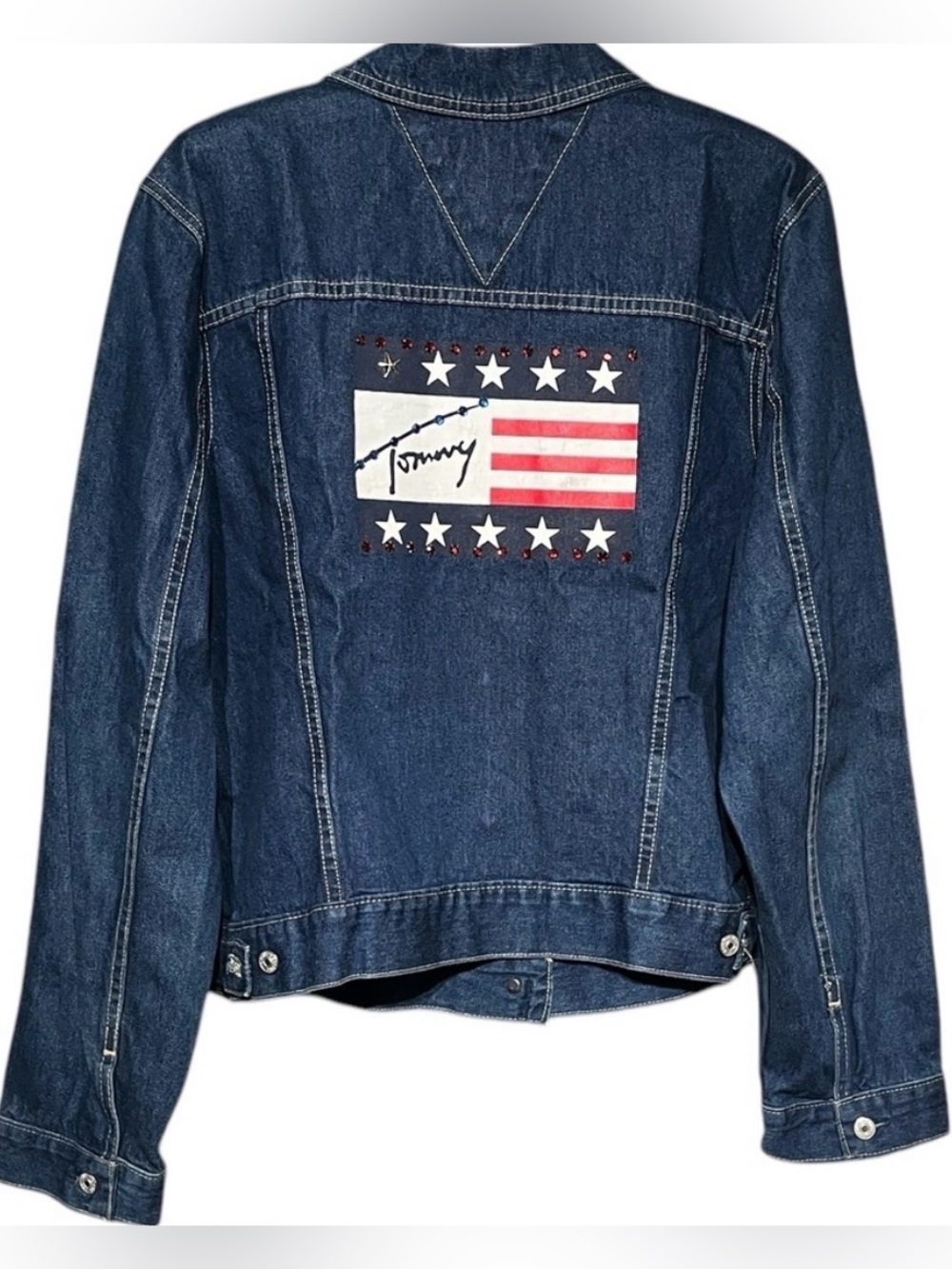 Tommy Hilfiger Women's Jeweled Signature USA Flag Denim Trucker Jacket Y2K VTG
